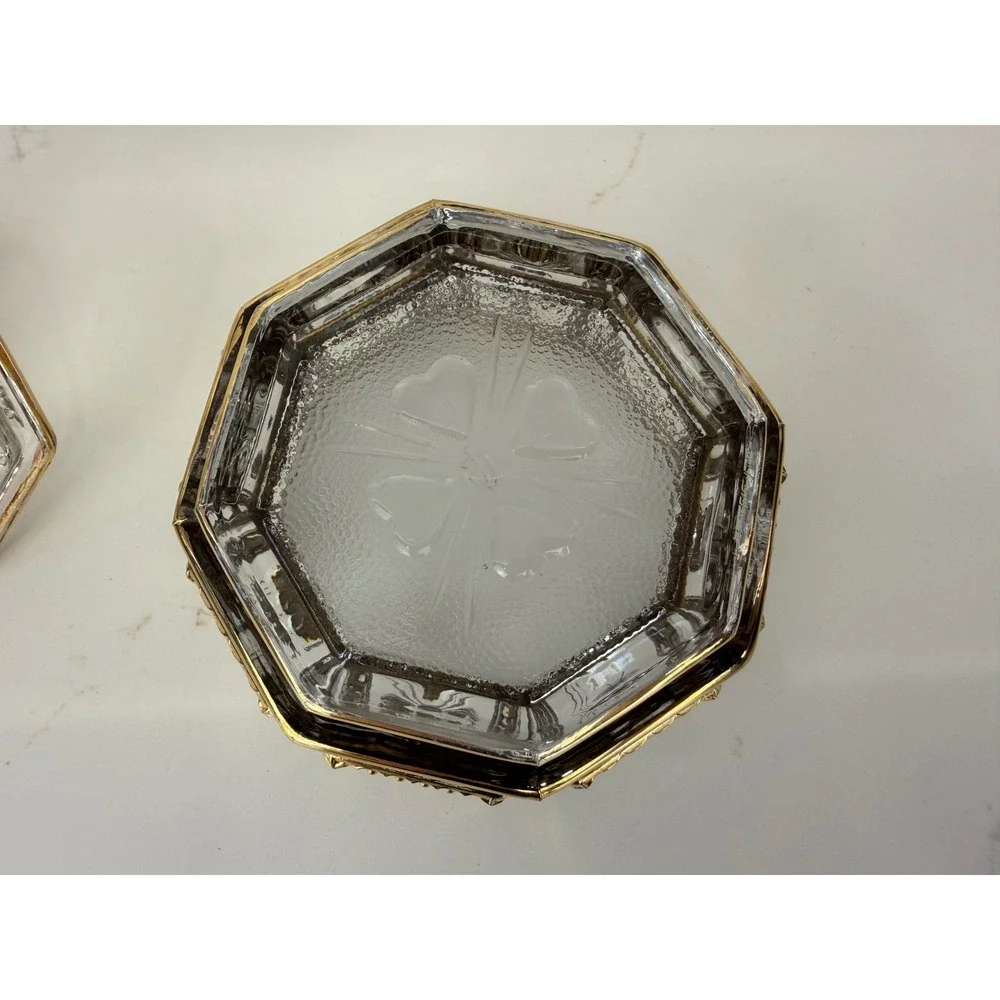 Imperial Glass Octagonal Trinket Box Gold Gilt Bird Flower Candy Dish With Lid